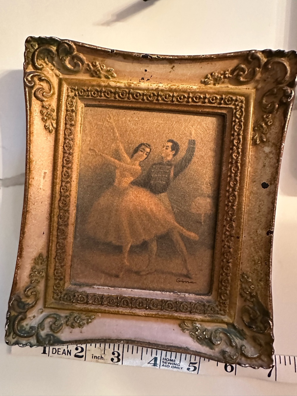 Vintage “Gina Winde”  Ballet Lithograph Brushed Gold Resin Frame, 1950s Decor